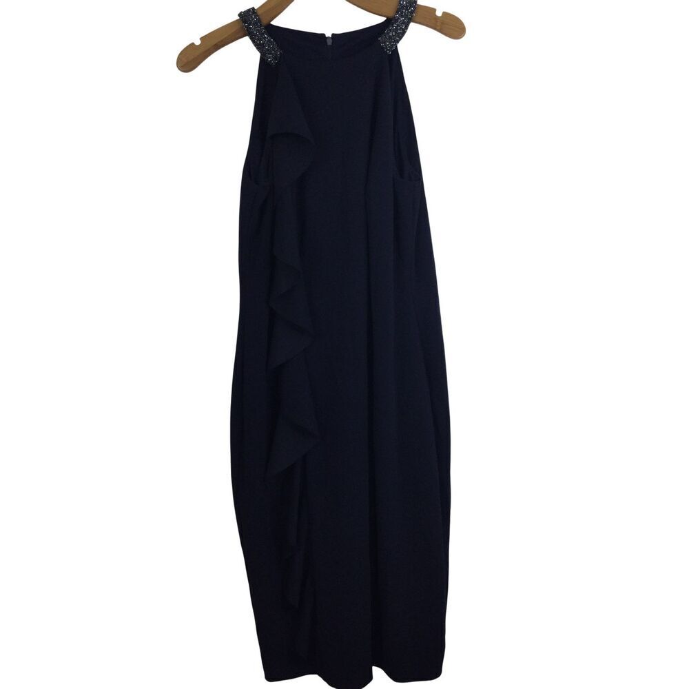 Ralph Lauren Embellished Neck Shift Ruffle Jersey Sheath Dress Navy Size 14 NWT